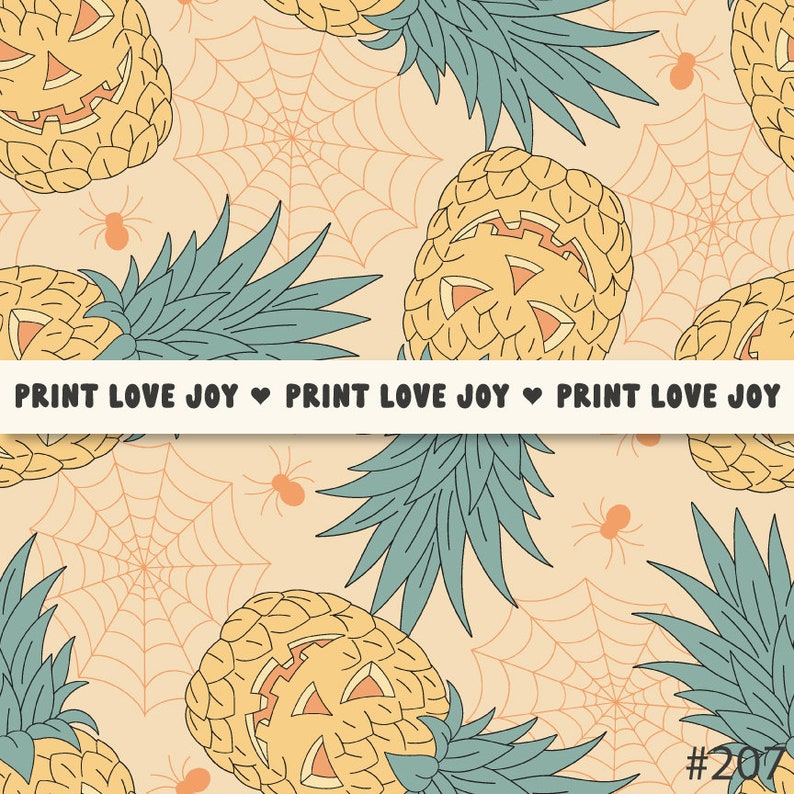 May include: A seamless pattern featuring yellow pineapples with carved jack-o'-lantern faces, green pineapple leaves, and orange spiders on a light orange background with white spiderwebs.
