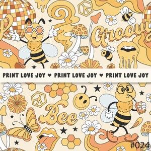 May include: A colourful, retro-style pattern featuring bees, flowers, peace signs, honeycombs, and the words "Groovy" and "Bee". The background is a light yellow with orange and brown accents.