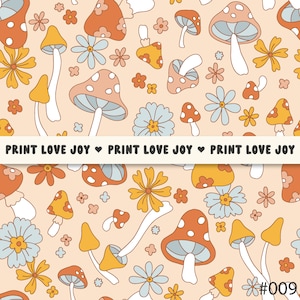May include: A seamless pattern featuring a repeating design of mushrooms, flowers, and the text "PRINT LOVE JOY" in a retro style. The colors are a mix of peach, white, blue, and brown.