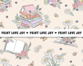 Naadloos patroon boekenliefhebber | Bloemenboeken digitaal papier | Cottagecore-leesbibliotheek bloemenpatroon | Achtergrond docentklas