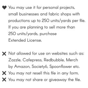 May include: Text on a white background, detailing usage rights for personal projects, small businesses, and fabric shops, with a limit of 250 units/yards. It restricts use on specific websites and prohibits resale or sharing of the file.