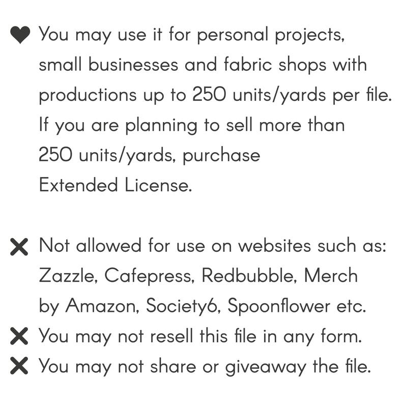 May include: Text on a white background, detailing usage rights for personal projects, small businesses, and fabric shops, with a limit of 250 units/yards. It restricts use on specific websites and prohibits resale or sharing of the file.