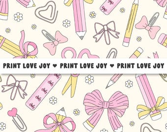 Coquette Bow School Supplies Seamless Pattern | Cute Pink Pencil Scissors Digital Paper | Kawaii Stationery Pattern Download