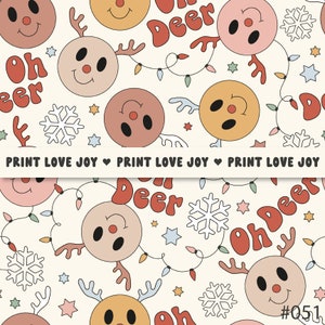 May include: A seamless pattern featuring cartoon reindeer with red noses and antlers, snowflakes, stars, and the text "Oh Deer" in a retro font. The background is white with a light brown stripe.