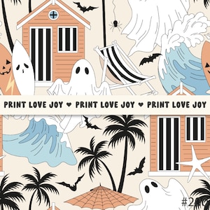 May include: A repeating pattern featuring beach houses, ghosts, palm trees, bats, and surfboards. The design includes a beach chair, waves, and the text "PRINT LOVE JOY" in a banner across the image. The color palette includes peach, black, white, and blue.