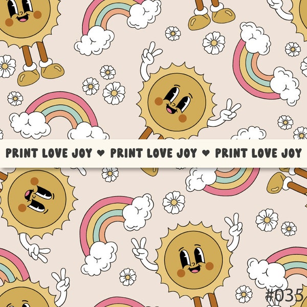 Cartoon sun Rainbow Groovy Hippie vacation Vacay mode Seamless Repeat Pattern file for Fabric Sublimation