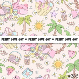 May include: A repeating pattern featuring beach-themed illustrations. Includes a pink flamingo float, palm trees, a radio, sunglasses, and watermelon slices. The text "PRINT LOVE JOY" is repeated across the image. The background is a light pink color.