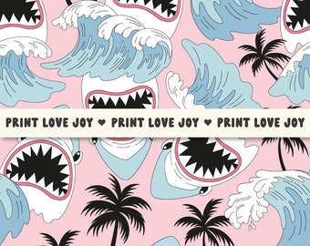 Retro Shark Seamless Pattern | Cute Shark Beach Digital Paper | Surf Shark Pattern | Tropical Ocean Background | Summer Shark Repeat