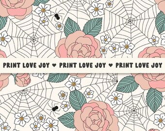 Gothic Floral Spider Web Seamless Pattern | Vintage Rose Halloween Print | Dark Cottagecore Floral Web Design | Spooky Cute Digital Paper