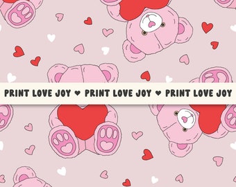 Pink Teddy Bear Heart Seamless Pattern | Valentine Bear Digital Paper | Cute Love Bear Print | Sweet Red Hear Romantic Pattern Repeat