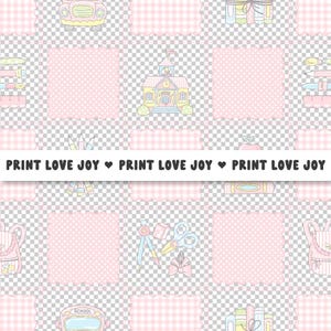 May include: A repeating pattern featuring school-themed illustrations. The design includes a schoolhouse, school bus, backpacks, pencils, books, and other school supplies. The text "PRINT LOVE JOY" is repeated across the bottom of the image.