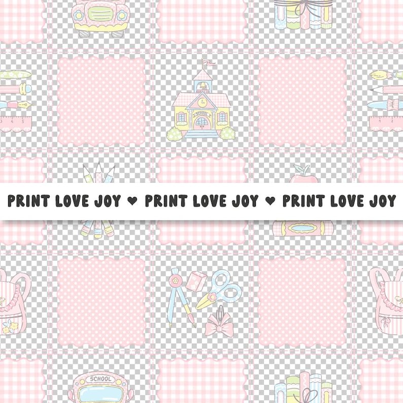 May include: A repeating pattern featuring school-themed illustrations. The design includes a schoolhouse, school bus, backpacks, pencils, books, and other school supplies. The text "PRINT LOVE JOY" is repeated across the bottom of the image.