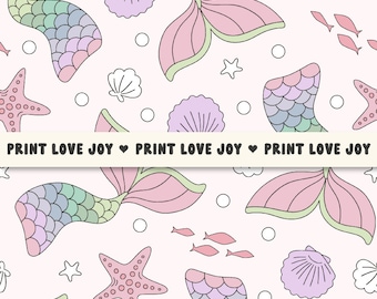 Pastel Mermaid Tail Seamless Pattern | Cute Mermaid Starfish Shell Digital Paper | Ocean Mermaid Pattern | Coastal Mermaid Background