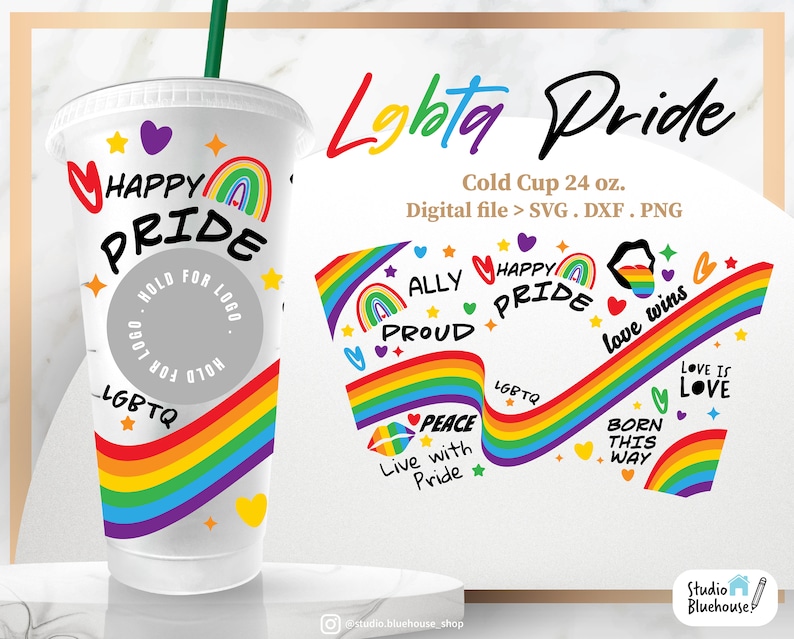 Peut inclure: Un gobelet froid transparent avec une paille verte, orn&eacute; d'un arc-en-ciel et des mots "Happy Pride" et "LGBTQ". Le design comprend des c&oelig;urs, des &eacute;toiles et un arc-en-ciel, pour un gobelet de 24 oz.