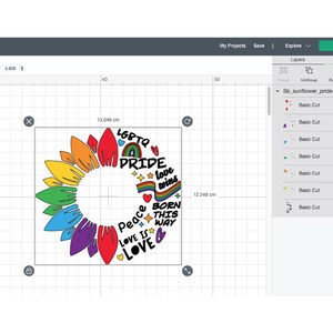 May include: A rainbow sunflower design with the text "LGBTQ PRIDE love wins, Peace BORN THIS WAY LOVE IS LOVE" in a circle around the sunflower.