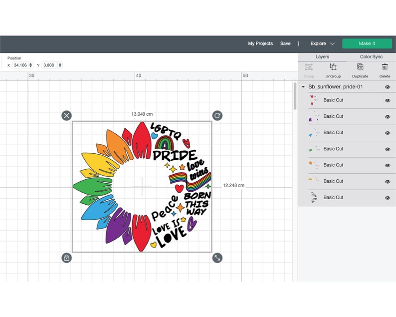 May include: A rainbow sunflower design with the text "LGBTQ PRIDE love wins, Peace BORN THIS WAY LOVE IS LOVE" in a circle around the sunflower.