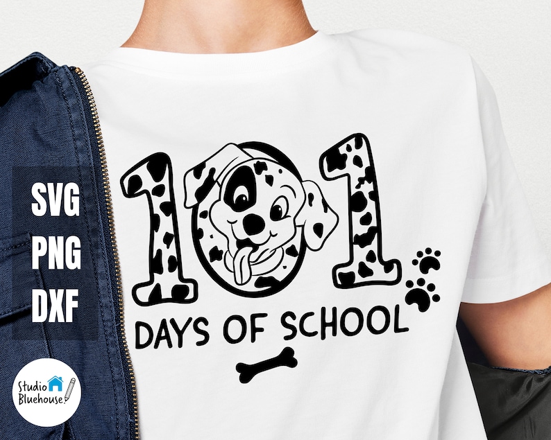May include: Black and white graphic design of a Dalmatian dog with the text "101 Days of School" and a bone underneath.