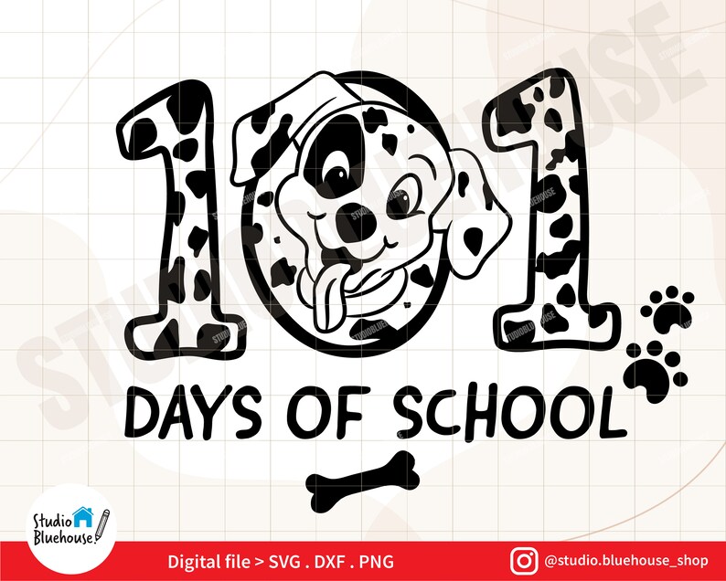 May include: Black and white illustration of a Dalmatian dog wearing a graduation cap, surrounded by the numbers 101. The text "DAYS OF SCHOOL" is below the numbers. There are three paw prints to the right of the numbers.