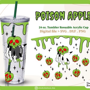 Poison Apple svg ⟡ Witch Poison svg ⟡ Halloween svg ⟡ Envoltura completa para vaso de acrílico reutilizable de 24 oz ⟡ Archivo SVG PNG DXF