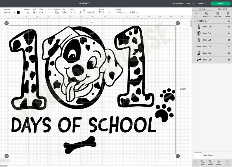 May include: Black and white illustration of a Dalmatian dog wearing a graduation cap with the numbers 101 and the text "DAYS OF SCHOOL" below. There are three paw prints to the right of the numbers.