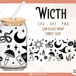 May include: A clear glass can-shaped cup with a bamboo lid and straw, decorated with black witchy-themed illustrations. The design includes a snake, moon, stars, mushroom, and tarot card. The text "WICTH" and "CAN GLASS WRAP LIBBEY 16OZ" are also visible.