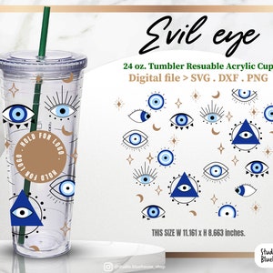 Boze oog Svg ⟡ Turks oog ⟡ Boze oog Wrap ⟡ Blauwe ogen Svg ⟡ Volledige wrap voor herbruikbare 24 Oz acryl Cup Tumbler ⟡ SVG PNG-bestand