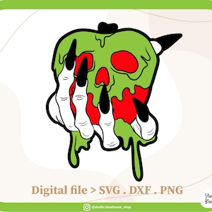 Puede incluir: Gráfico digital de una manzana verde derritiéndose con detalles rojos, con forma de calavera. Una mano esquelética con largas uñas negras se extiende. El texto "Digital file > SVG . DXF . PNG" está en la parte inferior.