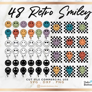 48 Vintage / Retro Smiley Face Bundle Svg ⟡ Files for Cricut & Silhouette, drippy smiley, Boho Svg ⟡ Groovy Svg ⟡ Happy Face Svg ⟡ Emoji Svg