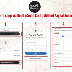 K&ouml;nnte beinhalten: Ein Screenshot eines Website-Checkout-Prozesses, der die Schritte zum Kauf eines Artikels mit einer Debit- oder Kreditkarte ohne PayPal-Konto zeigt. Die Schritte umfassen das Hinzuf&uuml;gen des Artikels zum Warenkorb, das Auschecken mit PayPal, das Bezahlen mit PayPal und das Bezahlen mit einer Kredit- oder Debitkarte. Der Checkout-Prozess umfasst eine Zusammenfassung der Bestellung, den Gesamtbetrag und die M&ouml;glichkeit, mit PayPal oder einer Kredit- oder Debitkarte zu bezahlen.