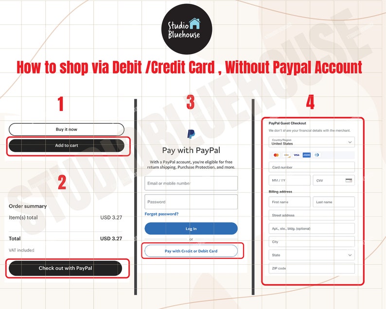 K&ouml;nnte beinhalten: Ein Screenshot eines Website-Checkout-Prozesses, der die Schritte zum Kauf eines Artikels mit einer Debit- oder Kreditkarte ohne PayPal-Konto zeigt. Die Schritte umfassen das Hinzuf&uuml;gen des Artikels zum Warenkorb, das Auschecken mit PayPal, das Bezahlen mit PayPal und das Bezahlen mit einer Kredit- oder Debitkarte. Der Checkout-Prozess umfasst eine Zusammenfassung der Bestellung, den Gesamtbetrag und die M&ouml;glichkeit, mit PayPal oder einer Kredit- oder Debitkarte zu bezahlen.