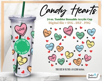 Candy Hearts Svg ⟡ Candy Heart Wrap ⟡ Conversation Heart SVG ⟡ Full wrap for Reusable 24 Oz Acrylic Cup Tumbler ⟡ SVG PNG file