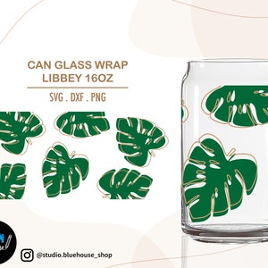 Monstera leaf Libbey Svg ⟡ Tropical Svg ⟡ Summer ⟡ Coffee Glass Can ⟡ Libbey 16oz Beer Can Glass Svg ⟡ Wrap File For Cricut Png , Svg , Dxf