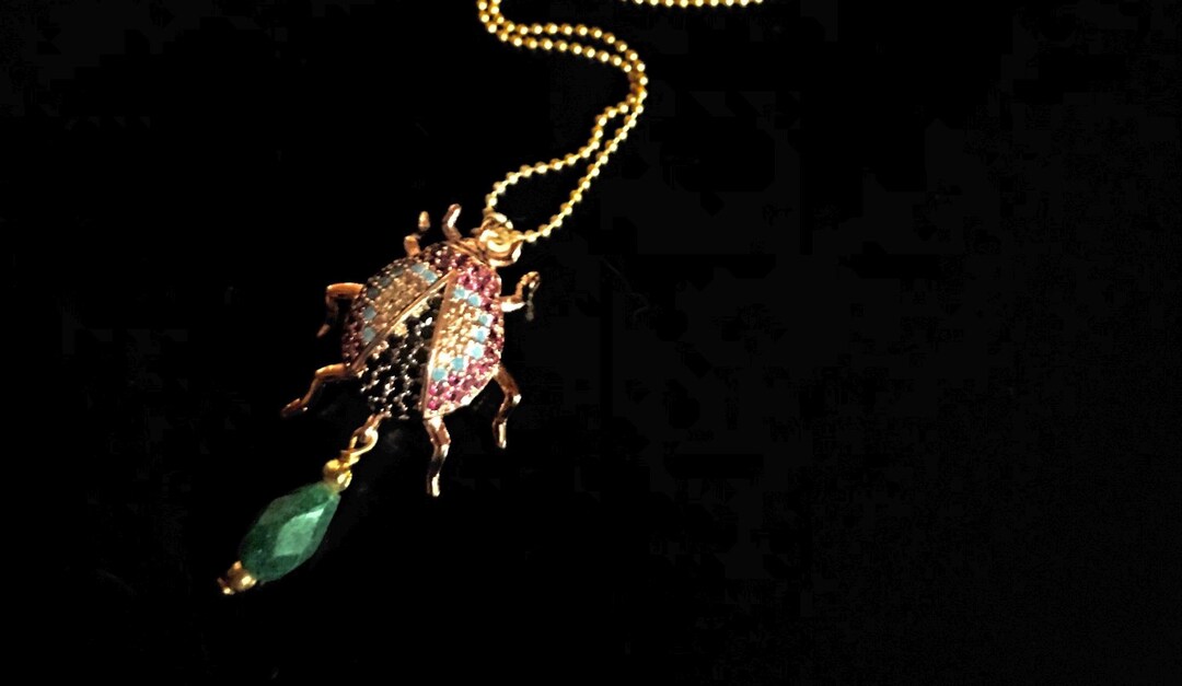 ROX Insecta Crystal Ladybug With Green Onyx Teardrop Pendant. 17 Brass