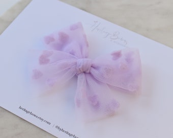 Lavender Hearts Tulle Bow ~ Baby & Children's Hair Bows, Pinwheel Hair Bows, Pig Tail Sets, Toddler Hair Accessories, Handmade.