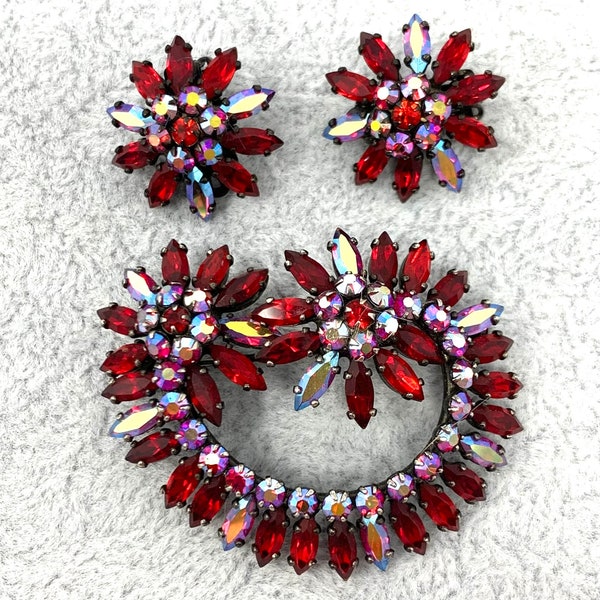 Signed Sherman Half Moon Flower Brooch and Matching Earrings in Siam and Siam AB with Japanned Back