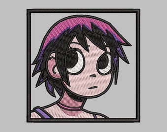 May include: Embroidered patch featuring a cartoon character with pink and purple hair, large eyes, and a pink shirt. The character is framed in a black square.