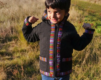 Handgewebte Ethno Kinder Jacke mit 100% Wolle unisex