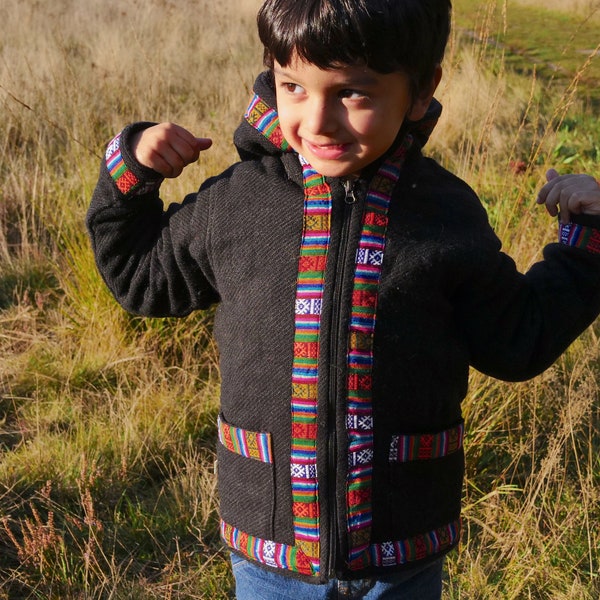 Handgewebte Ethno Kinder Jacke mit 100% Wolle unisex