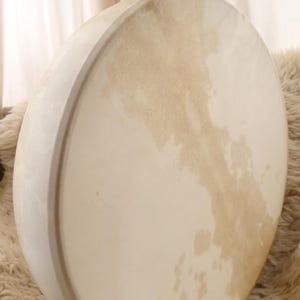 May include: A round, off-white drum with a light brown, mottled pattern on the drumhead. The drum has a thick, rounded frame and sits on a fluffy, cream-colored surface. The background features a soft, white curtain.