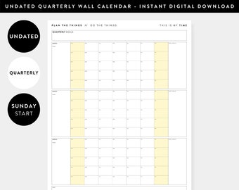 AFDRUKBARE ongedateerde driemaandelijkse muurkalender | Zondagstart | Digitale PDF direct downloaden | Jaar van 12 weken | Kwartaalplanner (geel)