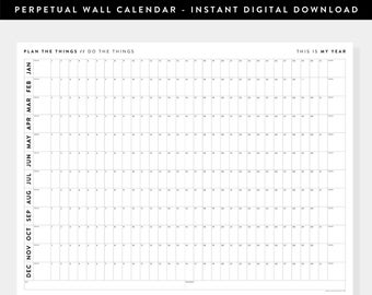 DRUCKBAR Perpetual / Forever Wandkalender | Digitale PDF Sofort Download | Undatierter Wandkalender | Jahresplaner (Horizontal / S + W)