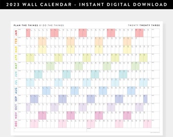 PRINTABLE 2023 Wall Calendar | Digital PDF Instant Download | 2023 Wall Planner | Monthly Planner | 2023 Year Planner (Horizontal / Rainbow)