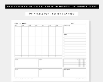 Week at a Glance Printable | Weekly Dashboard | Weekly Overview | Printable Planner Inserts | A4, US Letter | Instant Download | Minimal