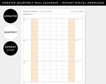 PRINTABLE Undated Quarterly Wall Calendar | Sunday Start | Digital PDF Instant Download | 12 Week Year | Quarterly Planner (Orange)