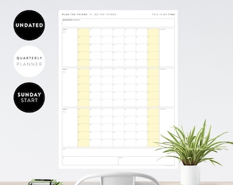 Ongedateerde driemaandelijkse gigantische wandkalender | Zondag Start | 90 dagen plan | 90 dagen kalender | Minimale | 12 Weken Jaar | Kwartaalplanner (geel)