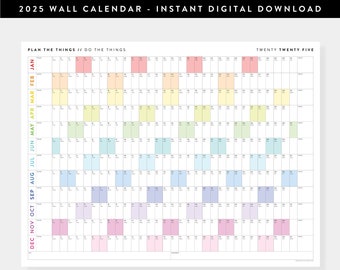 PRINTABLE 2025 Wall Calendar | Digital PDF Instant Download | 2025 Wall Planner | Monthly Planner | 2025 Year Planner (Horizontal / Rainbow)