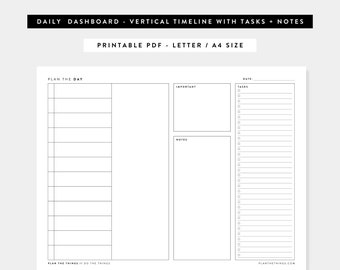 Daily Dashboard with Vertical Timeline Printable PDF | Undated Printable Planner Inserts | A4, US Letter | Instant Download | Daily Schedule