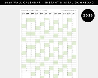 PRINTABLE 2025 Wall Calendar | Digital PDF Instant Download | 2025 Wall Planner | Monthly Planner | 2025 Year Planner (Vertical / Green)