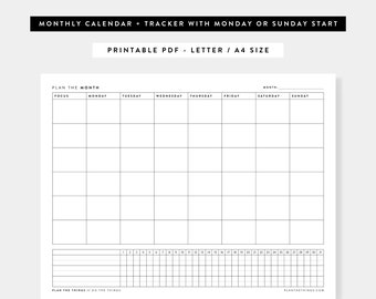 Monthly Calendar + Tracker Printable | Undated | Monthly Overview | Printable Planner Inserts | A4, US Letter | Instant Download | Minimal