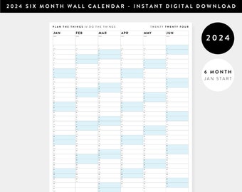 PRINTABLE Six Month 2024 Giant Wall Calendar | January - June 2024 | PDF Instant Download | Half Year Calendar | Half Year Planner (Blue)